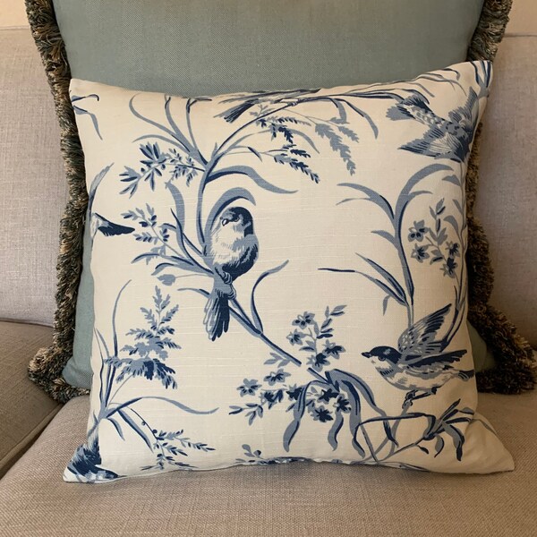 Blue Toile Bird & Floral Pillow Cover, English Cottage Sham, French Country, Cottagecore, Shabby Chic, Farmhouse Cushion Cover, Toss Pillow