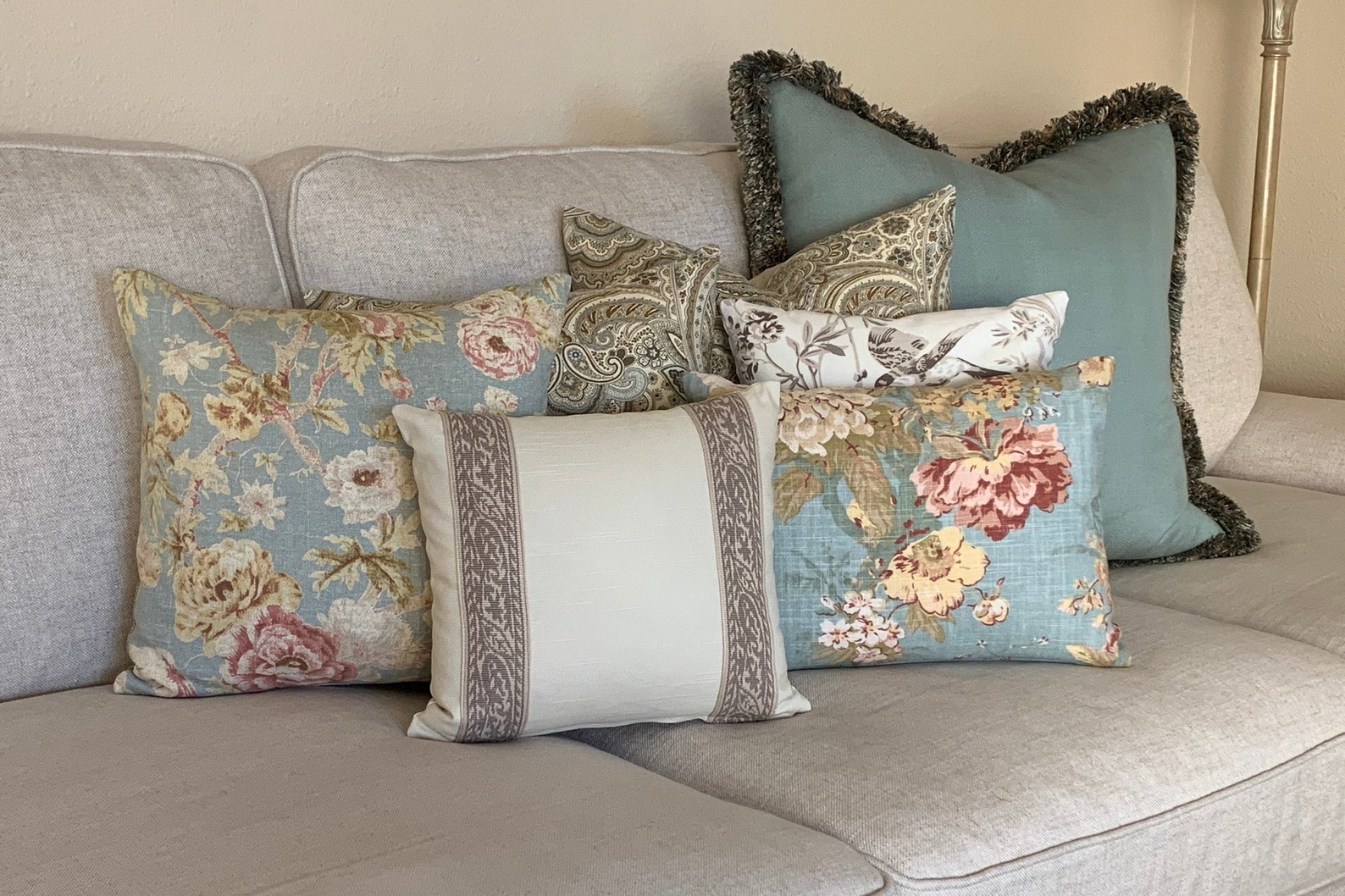 Blue Floral Linen Pillow Cover Waverly Fabric French Etsy