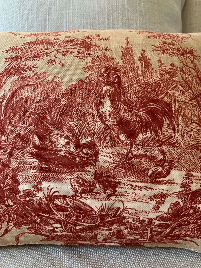 Tan Ruby Cream Fabric Cottage French Country D\u00e9cor Farmhouse Waverly Designer Fabric Toile Linen Rooster /& Floral Pillow Cover Rustic