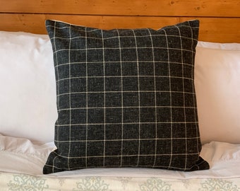 Black Plaid Pillow Cover, Modern Sofa Cushion Case, Farmhouse Toss Pillow Sham, Minimalist Charcoal Check Pillow, Square Cottage Pillow