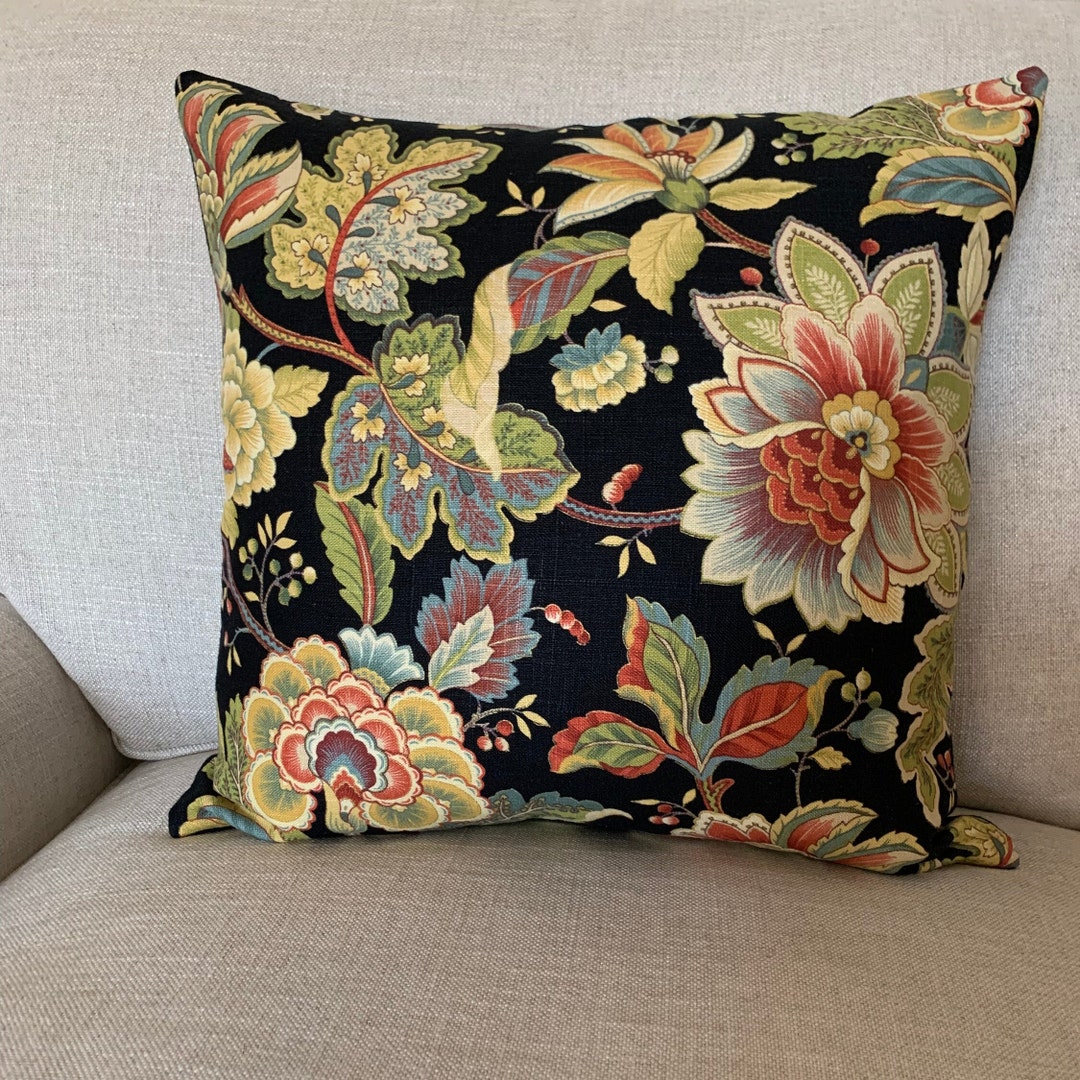 Linen Jacobean Pillow Cover Black Floral Toss Pillow English Etsy