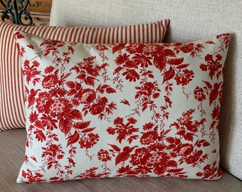 Red and Cream Floral Lumbar Pillow Cover, Cottage Decor, Farmhouse, French Sofa Cushion Cover, Shabby Chic Toss Pillow, Summer Ticking Décor