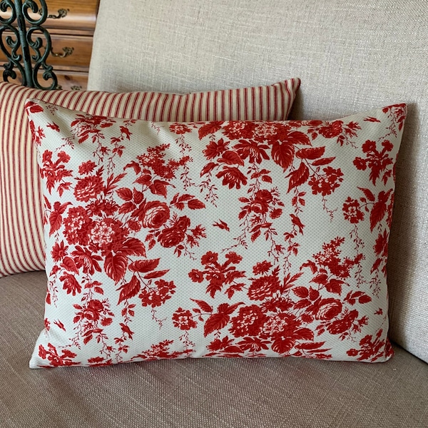 Red and Cream Floral Lumbar Pillow Cover, Cottage Decor, Farmhouse, French Sofa Cushion Cover, Shabby Chic Toss Pillow, Summer Ticking Décor