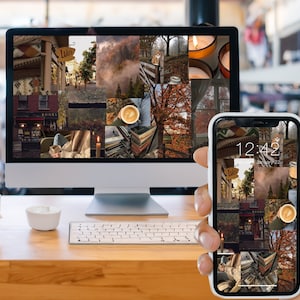 Puede incluir: Un collage de imágenes con temática otoñal que se muestra en un monitor de computadora y un teléfono inteligente. Las imágenes incluyen follaje otoñal, libros, café, velas y una librería.