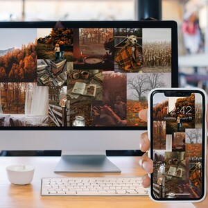 May include: A collage of autumn-themed images displayed on a computer screen and a smartphone. The images include fall foliage, animals, and nature scenes. The smartphone screen displays a digital clock with the time 12:42.