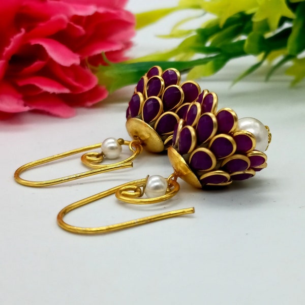 Indian Pachi Jewelry - Designer Gold Earrings - Multi Stone Jhumka Earrings - Gift For Women's - Handmade Pearl Jhumkies - Wedding Jewelry