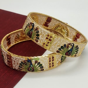 Meenakari Peacock Bangles - Gold Plated Off White Bangles - Gift For Women - Wedding Bangles - Indian Gold Bangles - Handmade Jaipuri Bangle
