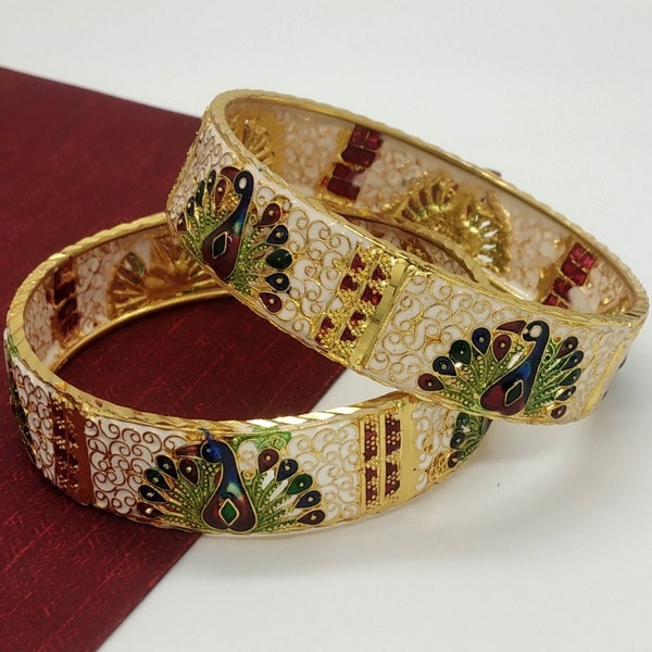 Meenakari Peacock Bangles - Gold Plated Off White Bangles - Gift For Women - Wedding Bangles - Indian Gold Bangles - Handmade Jaipuri Bangle