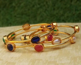 1 paio di braccialetti con pietre preziose placcati in oro - Regalo per donna - Braccialetti nuziali - Braccialetti con pietre verdi, arancioni, blu e perle - Braccialetti fatti a mano - Bracciale