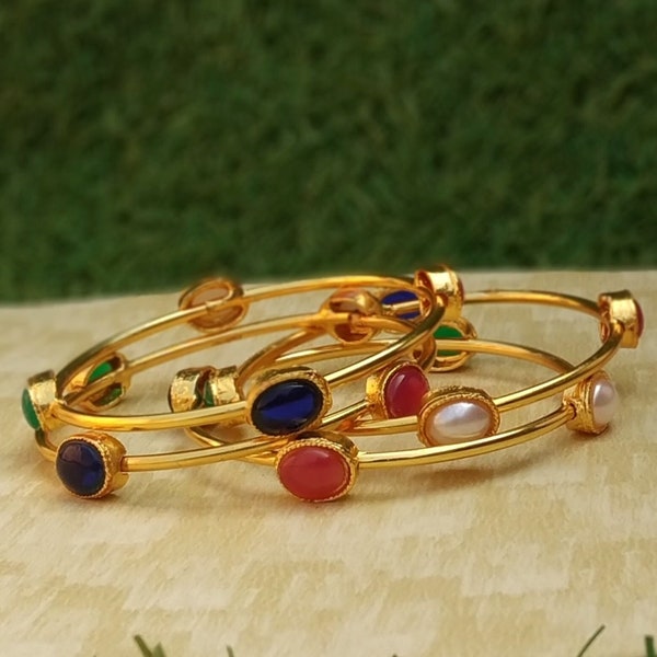 1 Pair Gold Plated Gemstone Bangles -Gift For Women's -Wedding Bangles- Green, Orange, Blue Stone & Pearl Bangles-Handmade Bangles -Bracelet