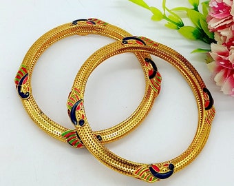 1 Pair Gold Plated Peacock Bangles Wedding Jewelry Designer Gold