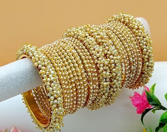 28 Bangles Set- Gold Plated Pearl Cluster Chura Jewelry Set- Wedding Bridal Handmade Bangles -Traditional Bangles - Bridesmaid Party Jewelry