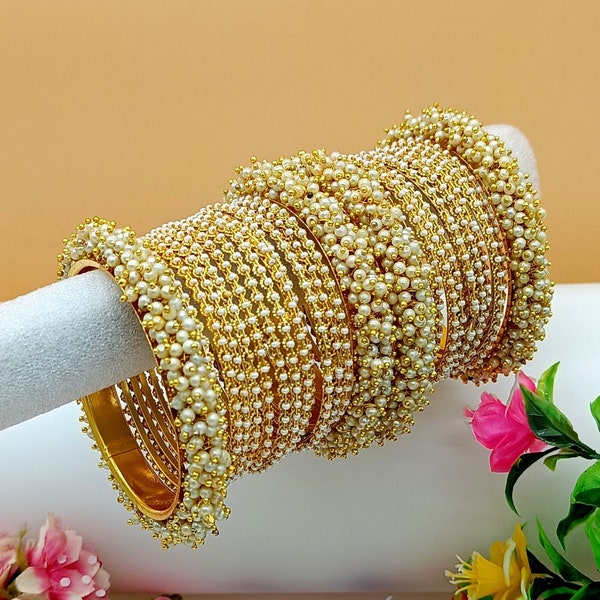 28 Bangles Set- Gold Plated Pearl Cluster Chura Jewelry Set- Wedding Bridal Handmade Bangles -Traditional Bangles - Bridesmaid Party Jewelry