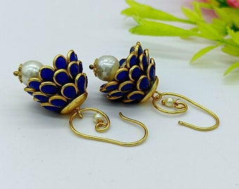 22kt Gold Plated Pearl Earrings: Blue Pachi Flower Dangle Earrings