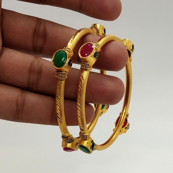 Gold Plated Gemstone Bangles - Meenakari Bangles - Pink Stone Bangle - Handmade Bangle - Green Stone Bangles - Bollywood Inspired Jewelry