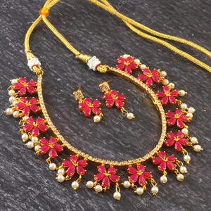 Gold Plated Ruby Pink Flower Necklace: Indian Bridal Jewelry, Traditional Bridesmaid Wedding Neck Piece