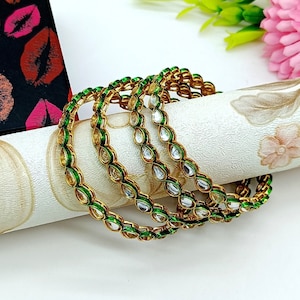 Gold Plated Kundan Bangles - Wedding Jewelry - Designer Meenakari Bangles -Indian Ethnic Tribal -Polki Diamond Gold Bangles- Bridesmaid Gift