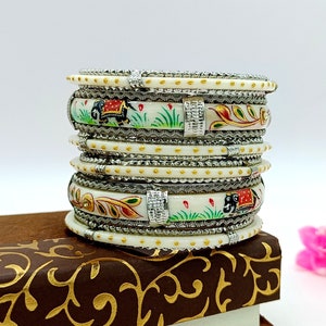 6 Bangles Set - Hand Painted Elephant Bangles - Wedding Bridal Bangles - Gift For Mom - Meenakari Seep Bangles - Handmade Bridesmaid Bangles