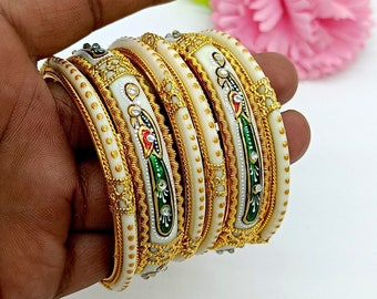 Hand Painted Peacock Bangle Set: Gold Plated Wedding Chura