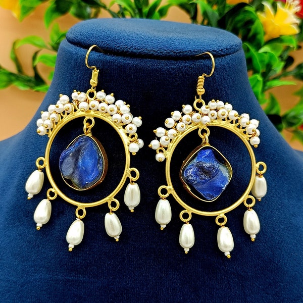 Bollywood Celebrity Inspired Pearl Cluster Earrings - Handmade Blue Baroque Pearl Bridal Earrings - Bridesmaid Earrings - Wedding Jewelry