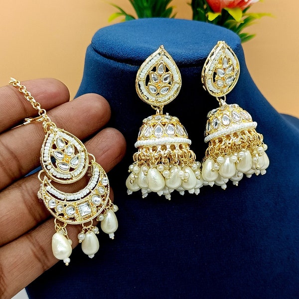 Bridal Pearl Tikka w/Jhumka Earring Set - Indian Maang Tikka, Teeka, Tika Headpiece - Kundan Jhumkies Teeka Set - Bridesmaid Pearl Earrings