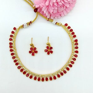 Gold Plated Ruby Pink Stone Necklace Set: Indian Wedding Jewelry