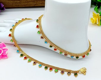 22kt Gold Plated Anklet Pair/Payal/Moti Payal/Jhanjran/Panjeb/Pajeb/Indian Traditional Anklets/Zircon Paayal/ Pakistani Jewelry/Boho Jewelry