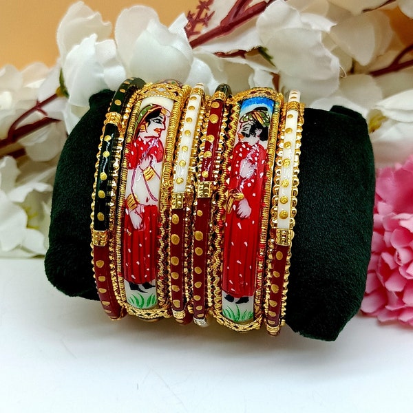 6 Bangle Set - Hand Painted Meenakari Raja Rani Bangles -Wedding Bridal Bangles -Gift Idea -Multi Color Seep Bangles -Handmade Ethnic Tribal