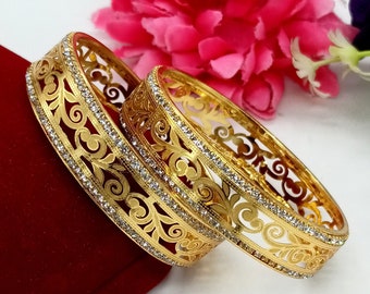 Cut Work Filigree Bangles - Gift For Mom - CZ Diamond Gold Bangles - AD Gemstone Bangles - Handmade Zircon Bangles - Indian Wedding Jewelry