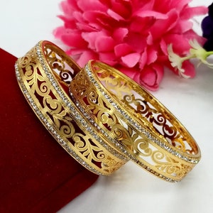 Cut Work Filigree Bangles - Gift For Mom - CZ Diamond Gold Bangles - AD Gemstone Bangles - Handmade Zircon Bangles - Indian Wedding Jewelry