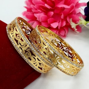 Cut Work Filigree Bangles - Gift For Mom - CZ Diamond Gold Bangles - AD Gemstone Bangles - Handmade Zircon Bangles - Indian Wedding Jewelry