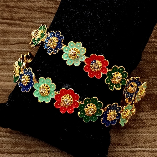 Hand Painted Multi Color Flower Bangles - Gold Plated Zircon Bangles - Designer Handmade Bangles - Indian Wedding Bridal Colorful Bangles