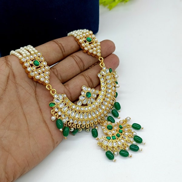 Green Stone Rajwada Necklace Set - Handmade Kundan Necklace - Bridesmaid Polki Diamond Necklace - Jodha Akbar Pearl Adjustable Rani Haar