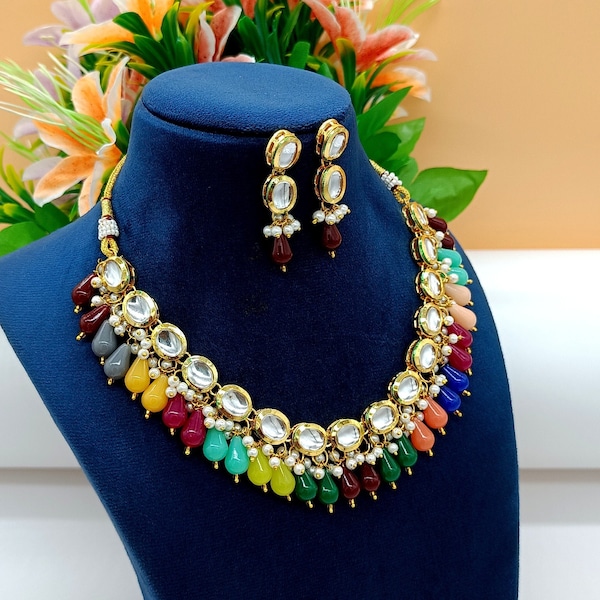 22kt Gold Plated Multi Gemstone Necklace Set -Adjustable Polki Diamond Necklace -Pearl Necklace w/Earrings-Trendy Traditional Indian Wedding