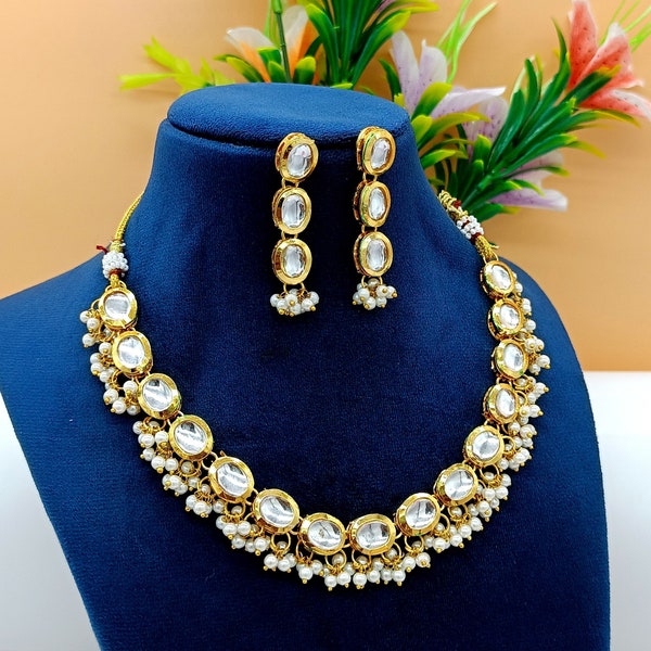 Polki Diamond Necklace Set- Adjustable Meenakari Kundan Necklace -Pearl Cluster Necklace w/Earrings- Traditional -Bridal Bridesmaid Necklace