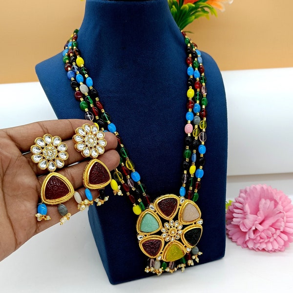 Multi Color Carved Flower Necklace - Polki Diamond Necklace - Colorful Beaded Necklace - Rajwada Necklace -Pakistani Jewelry -Wedding Bridal