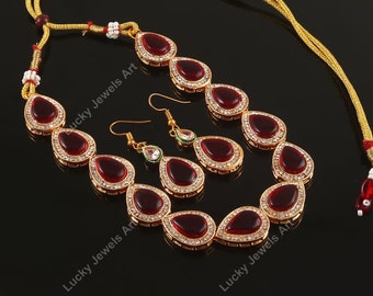 Gold Plated Maroon Stone Necklace - Adjustable Cubic Zircon Necklace w/Earrings - Indian Wedding Bridal Necklace -Trendy Bridesmaid Necklace