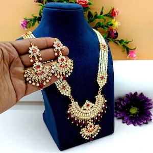 Pink Stone Rajwada Necklace Set - Handmade Kundan Necklace - Bridesmaid Polki Diamond Necklace - Jodha Akbar Pearl Adjustable Rani Haar