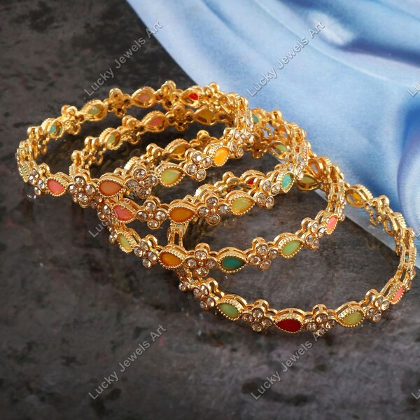 Gold Plated Bangles - Multi Stone Bangles -Zircon Bangles -Wedding Bridal Bangles - Traditional Jewelry - Jadau Bangles - Bridesmaid Bangles