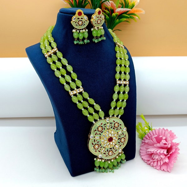 Aqua Green Flower Necklace - Jodha Akbar Aqua Beaded Necklace - Bridal Rani Haar - Bridesmaid Pearl Necklace Set - Polki Diamond Necklace