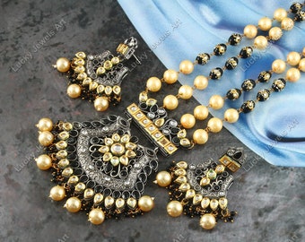 Collana lunga 14" con pietre preziose di onice nero antiquato - Set di collane Boho di design con orecchini - Collo di perle da sposa da damigella d'onore - Tribale etnico