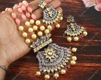 Collana lunga 14" con pietra preziosa di calcedonio rosa anticato - Set di collane di perline rosa con orecchini - Collo di perle da sposa da damigella d'onore - Tribale etnico