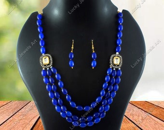 8" Long Polki Diamond Necklace - Kundan Necklace Set w/Earrings - Semiprecious Blue Beaded Necklace - Bridesmaid Bridal Wedding Necklace