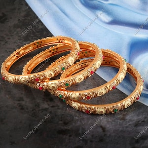 Gold Plated Pink & Green Stone Bangles -Wedding Bridal Zircon Jewelry-Bridesmaid Gift - Designer Gold Bangles -Ethnic Tribal Rajwada Bangles