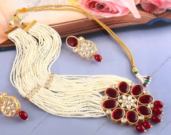 Kastanienbraun Stein Kundan Halsketten-Set: Indischer Brautschmuck