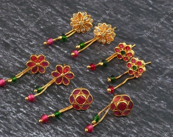 Gold Plated Ruby Pink Stone Earrings - Bollywood Celebrity Earrings - Two in One Earrings - Bridesmaid Bridal Earrings - Sui Dhaga Earrings