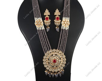 Hand Painted Enameled Necklace: Gray Beaded Rani Haar, Pakistani Bridal Jewelry