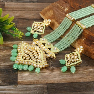 Polki Diamond Flower Necklace - Kundan Necklace Set w/Earrings - Multi Layer Aqua Green Beaded Necklace - Bridesmaid Bridal Wedding Necklace