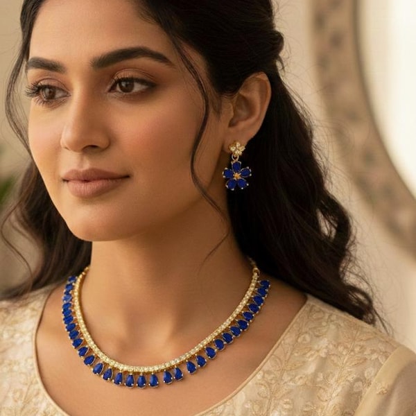 Gold Plated Tanzanite Necklace Set: Zircon Indian Bridal Jewelry