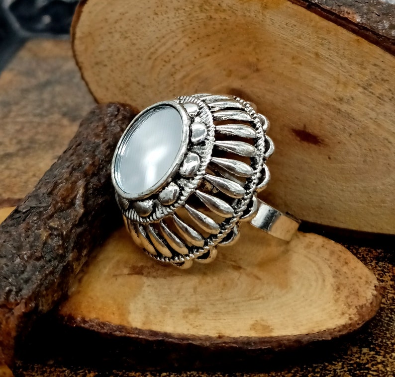Statement Bohemian Ring Wedding Flower Ring Oxidized Silver Plated Ring Unisex Silver Ring Traditional Adjustable Ring Mirror Ring